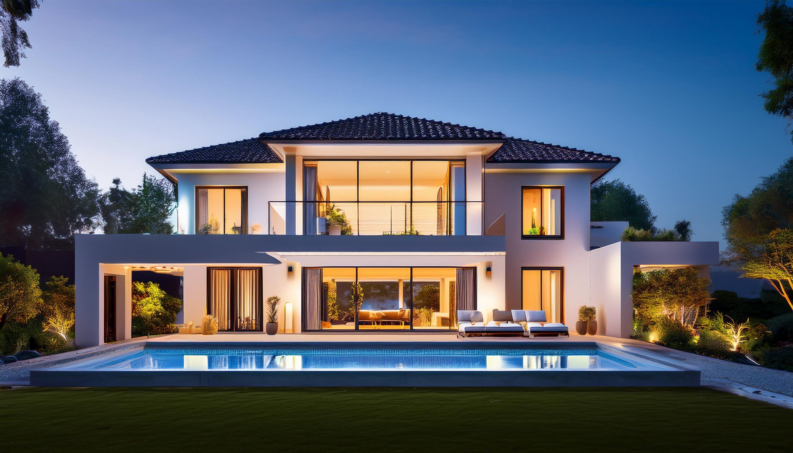 Eine-moderne-klassizistisch-angelehnte-Villa-bei-Nacht-mit-einer-eleganten-weissen-Fassade